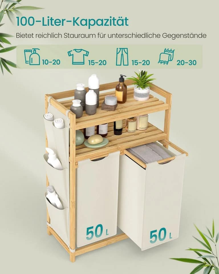 SONGMICS Wäschekorb 2/3 Fächer Bambus Cremeweiß - Bild 3