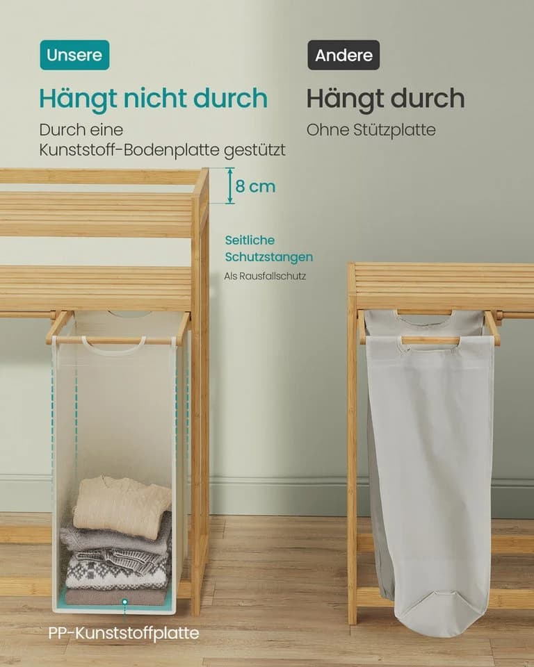 SONGMICS Wäschekorb 2/3 Fächer Bambus Cremeweiß - Bild 5