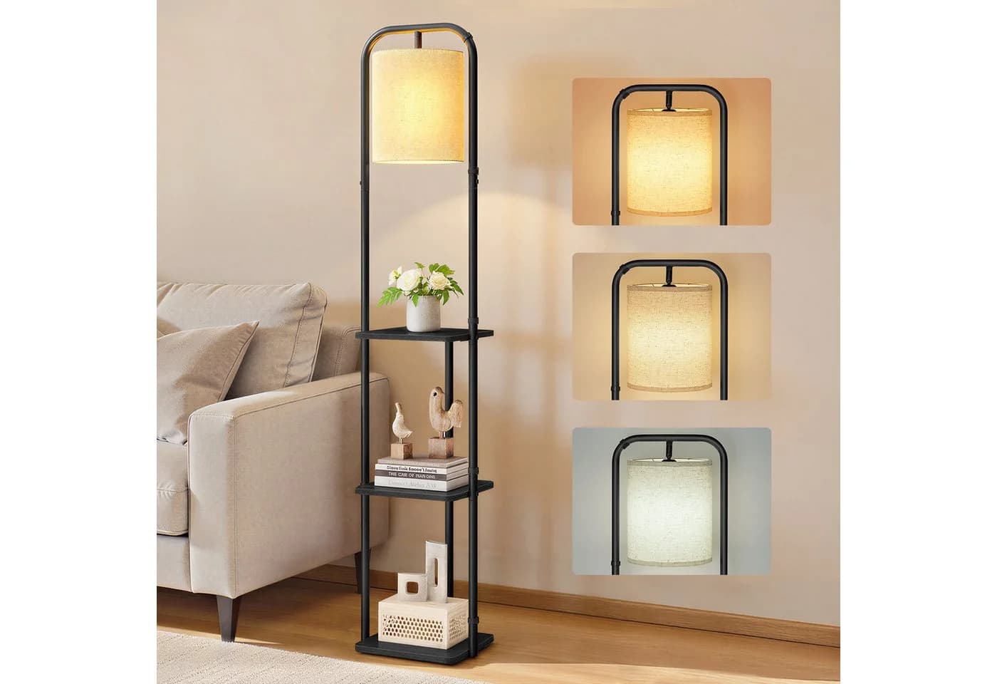 VASAGLE Stehlampe mit 3 Ablagen, Standleuchte, Fußschalter, LED-Glühbirne inklusive, Lampenschirm aus Stoff - Bild 2