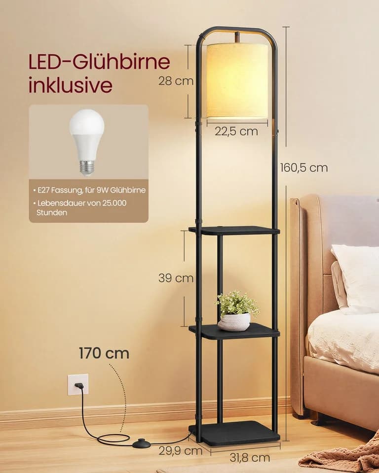 VASAGLE Stehlampe mit 3 Ablagen, Standleuchte, Fußschalter, LED-Glühbirne inklusive, Lampenschirm aus Stoff - Bild 5