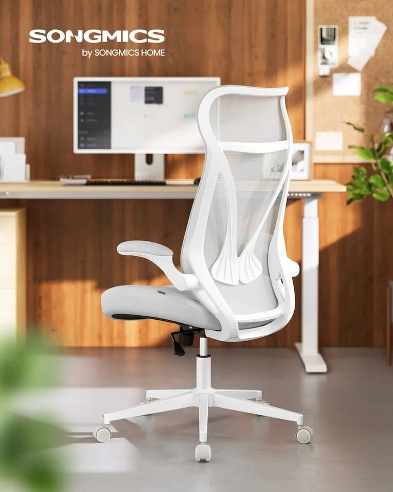 SONGMICS Bürostuhl Schreibtischstuhl Ergonomische Rückenlehne Hochklappbare Armlehnen Grau