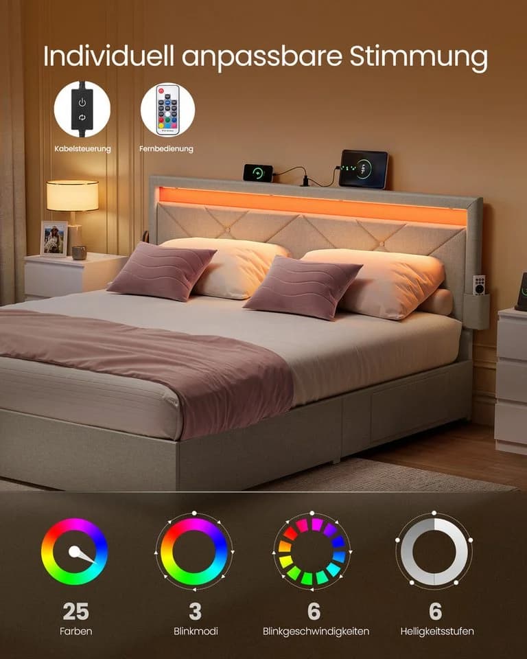 VASAGLE Polsterbett 140x200 cm LED Ladestation 4 Schubladen - Bild 3