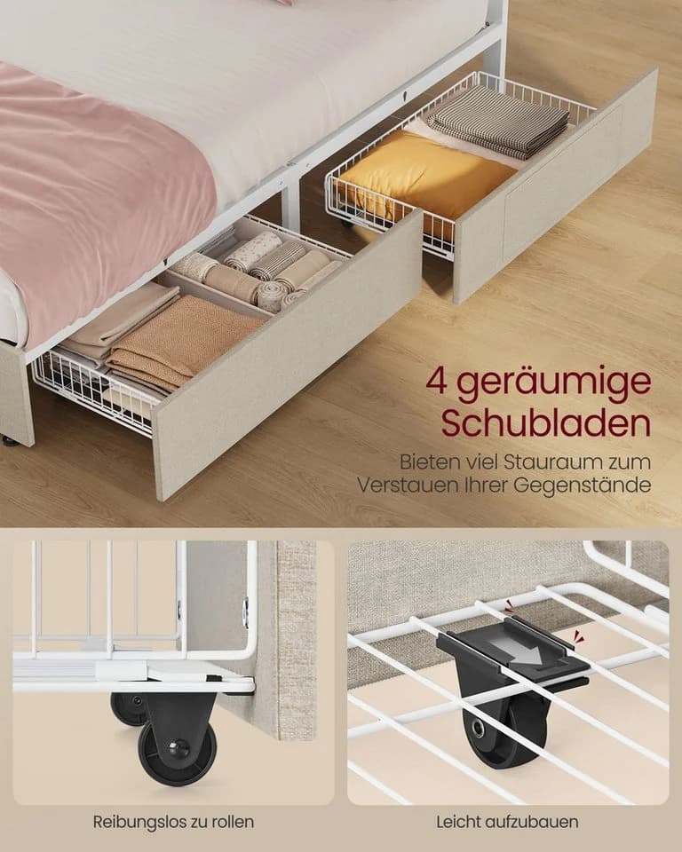 VASAGLE Polsterbett 140x200 cm LED Ladestation 4 Schubladen - Bild 5