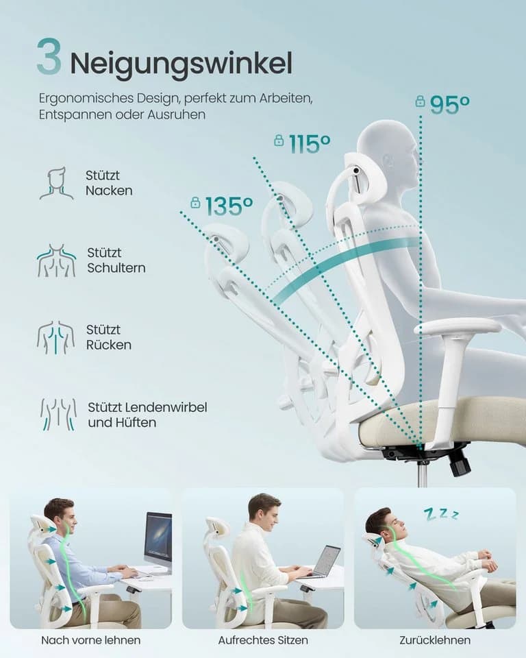 SONGMICS Bürostuhl Ergonomisch Beige Verstellbare Lendenstütze - Bild 3