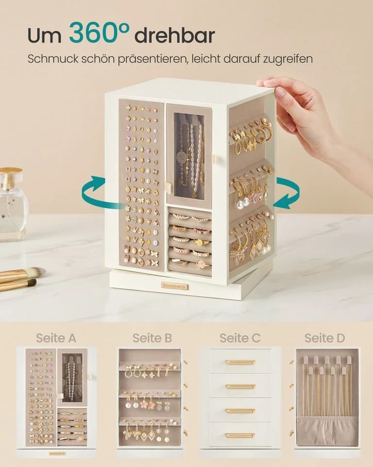 SONGMICS Schmuckkasten 360° drehbar Schmuckbox mit 4 Schubladen Weiß - Bild 3