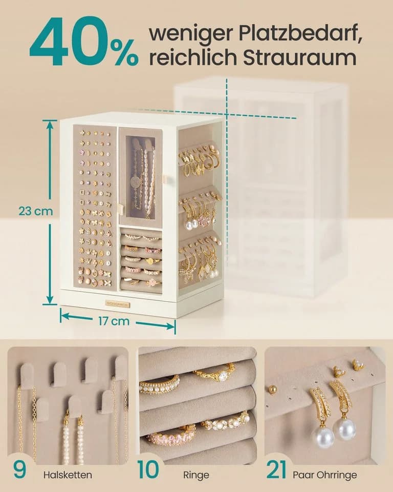 SONGMICS Schmuckkasten 360° drehbar Schmuckbox mit 4 Schubladen Weiß - Bild 4