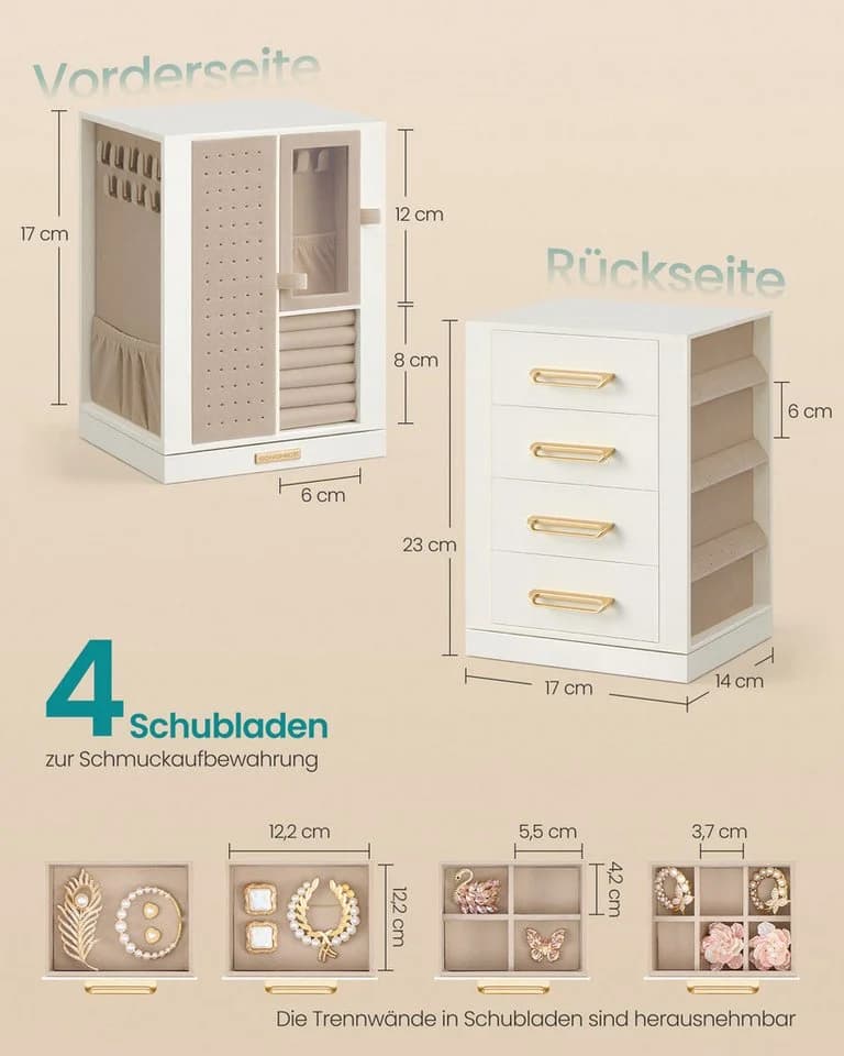 SONGMICS Schmuckkasten 360° drehbar Schmuckbox mit 4 Schubladen Weiß - Bild 5