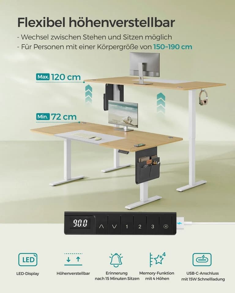 SONGMICS Schreibtisch Höhenverstellbarer Elektrisch 180 cm - Bild 3