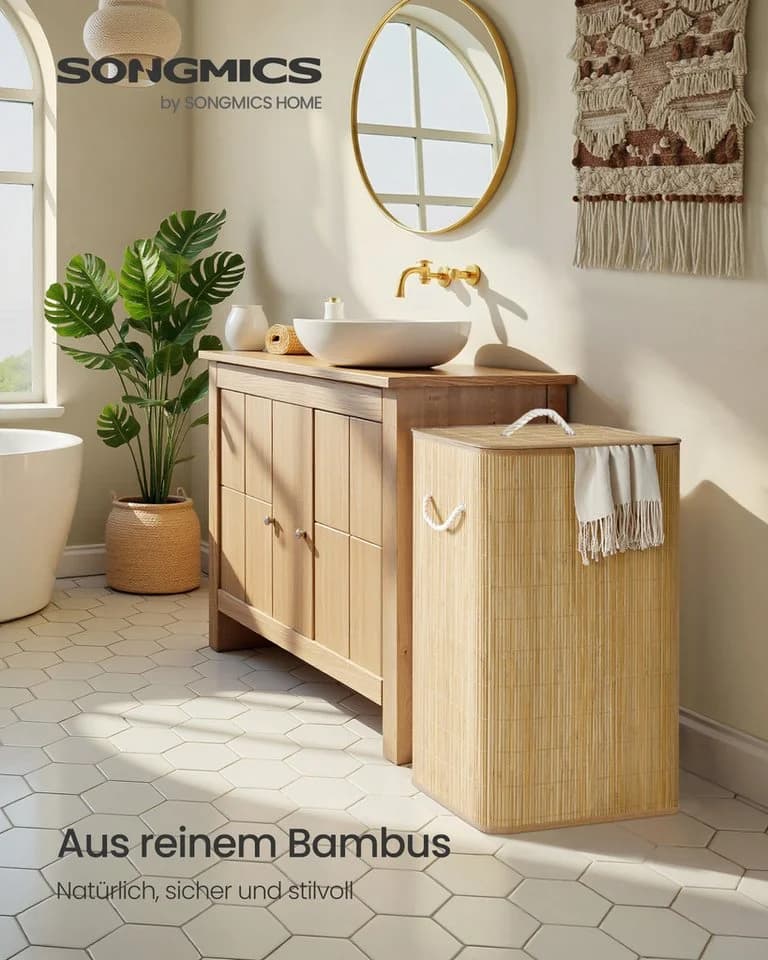 SONGMICS Wäschekorb mit Deckel 90 L Bambus faltbar