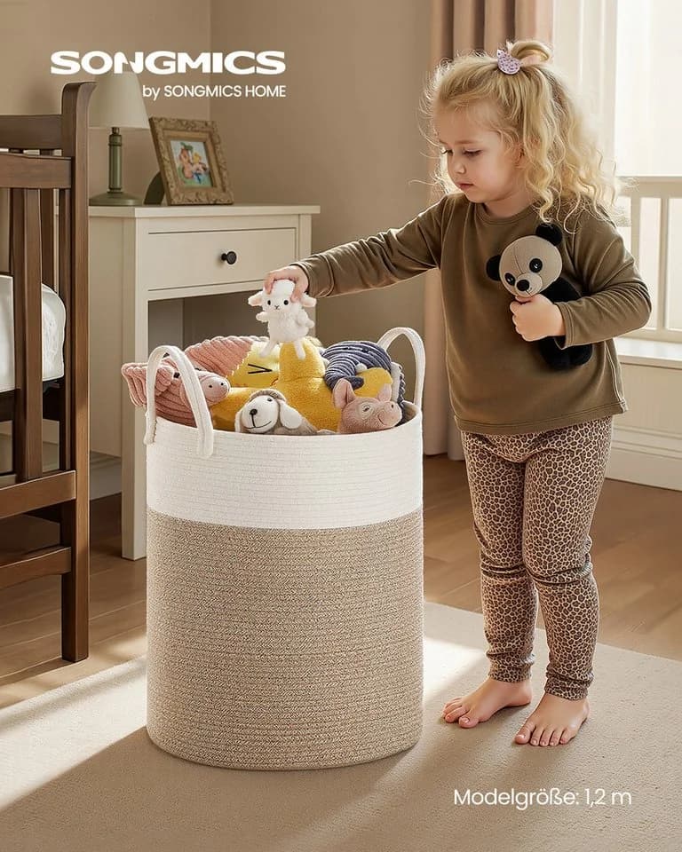 SONGMICS Wäschekorb 60 L Weiß-Graubraun Baumwollseil - Bild 3