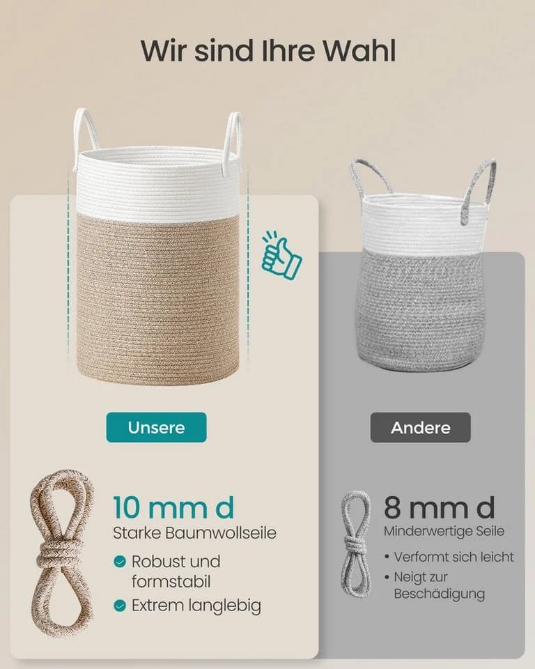 SONGMICS Wäschekorb 60 L Weiß-Graubraun Baumwollseil - Bild 5