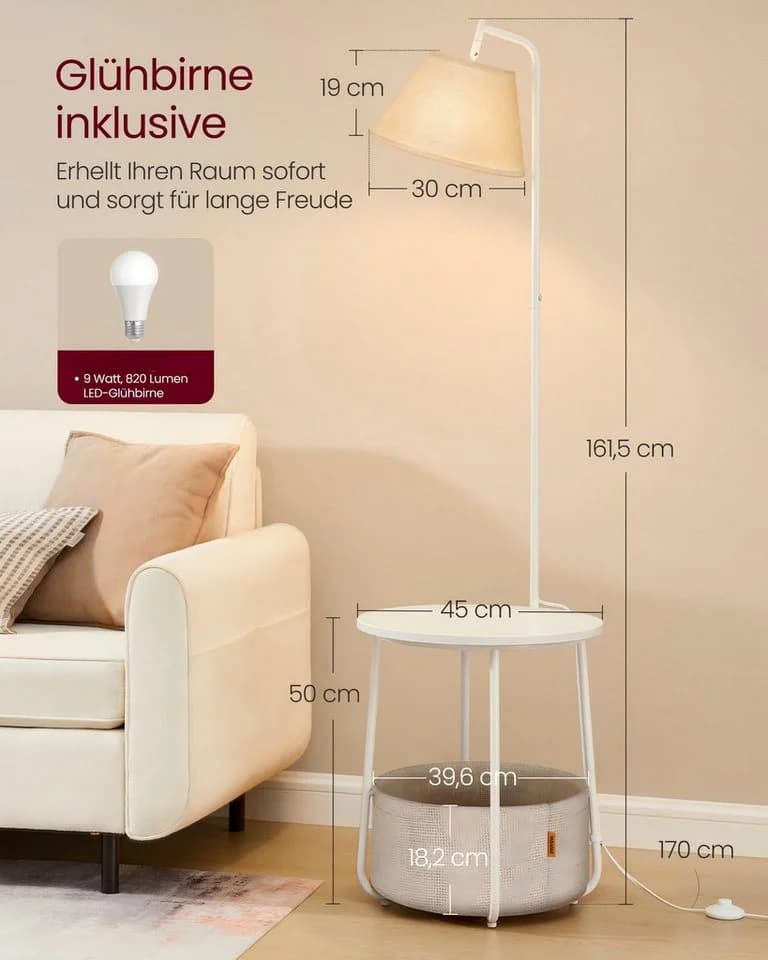 VASAGLE Stehlampe Beistelltisch mit Lampe, 3-in-1, LED wechselbar, für Wohnzimmer, Nachttisch, Licht und Lampenschirm einstellbar - Bild 5
