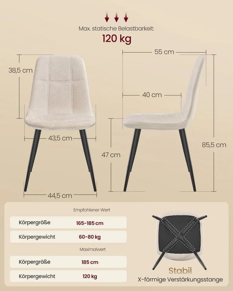 VASAGLE Esszimmerstuhl 6-tlg. Weiß Chenille Metallbeine verstellbare Füße - Bild 4