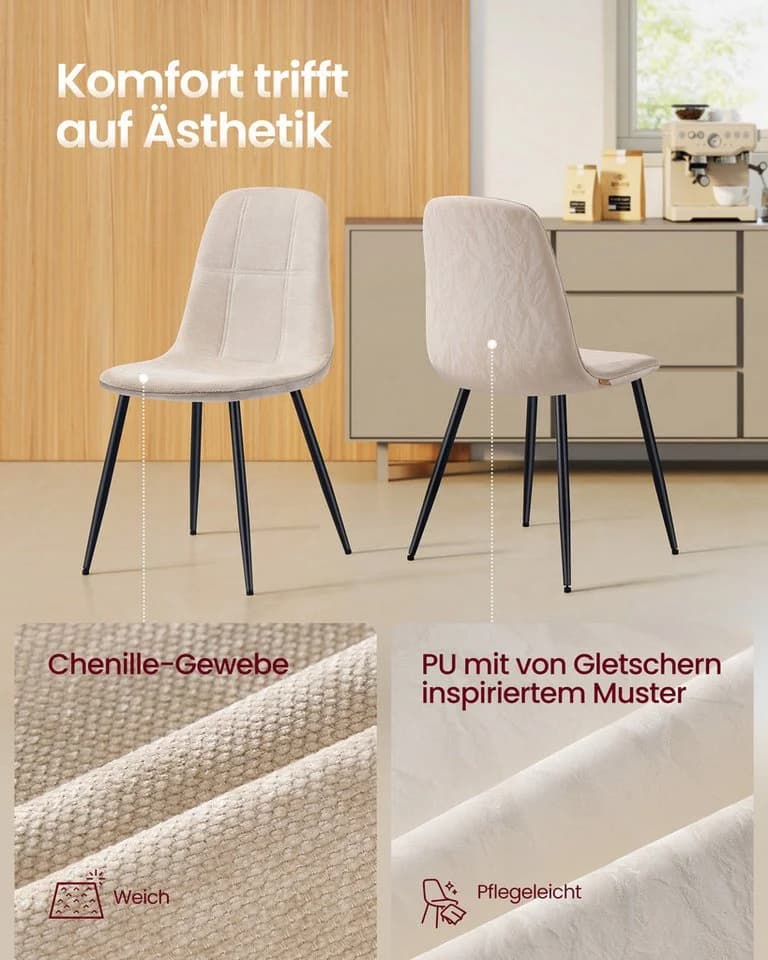 VASAGLE Esszimmerstuhl 6-tlg. Weiß Chenille Metallbeine verstellbare Füße - Bild 5