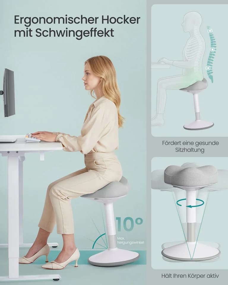SONGMICS Arbeitshocker Stehhocker 360° neigbar Schreibtischstuhl Anti-Rutsch Grau - Bild 3