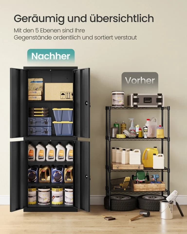 SONGMICS Aktenschrank Mehrzweckschrank Stahl-Aufbewahrungsschrank 5 Ebenen 4 Türen 40 x 60/80 x 180 cm 2 Schlösser verstellbare Ablagen - Bild 3