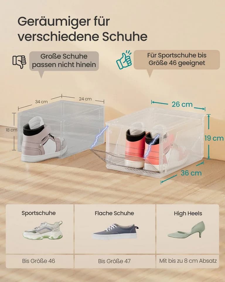SONGMICS Schuhbox stapelbar quer und längs, aus Kunststoff, Magnettverschluss, 6er Set, bis Größe 46, weiß - Bild 5