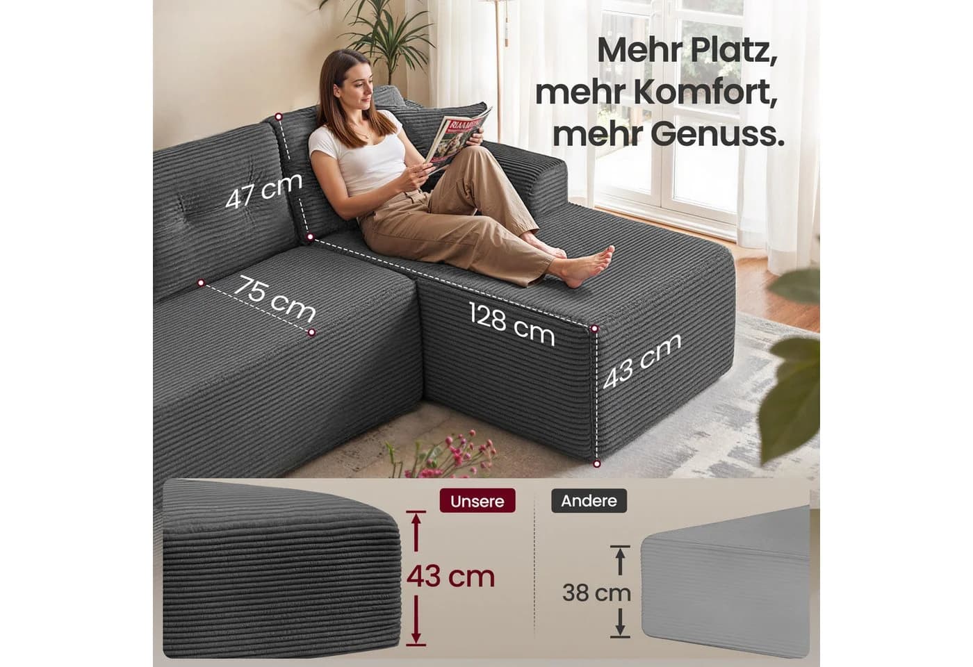 VASAGLE Ecksofa modulares Sofa mit Chaiselongue Schiefergrau - Bild 4