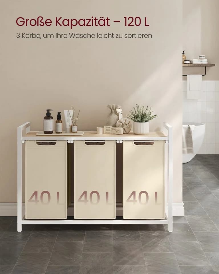 VASAGLE Wäschekorb 3-Fach mit Ablage ausziehbar & abnehmbar 3 x 38 L - Bild 3