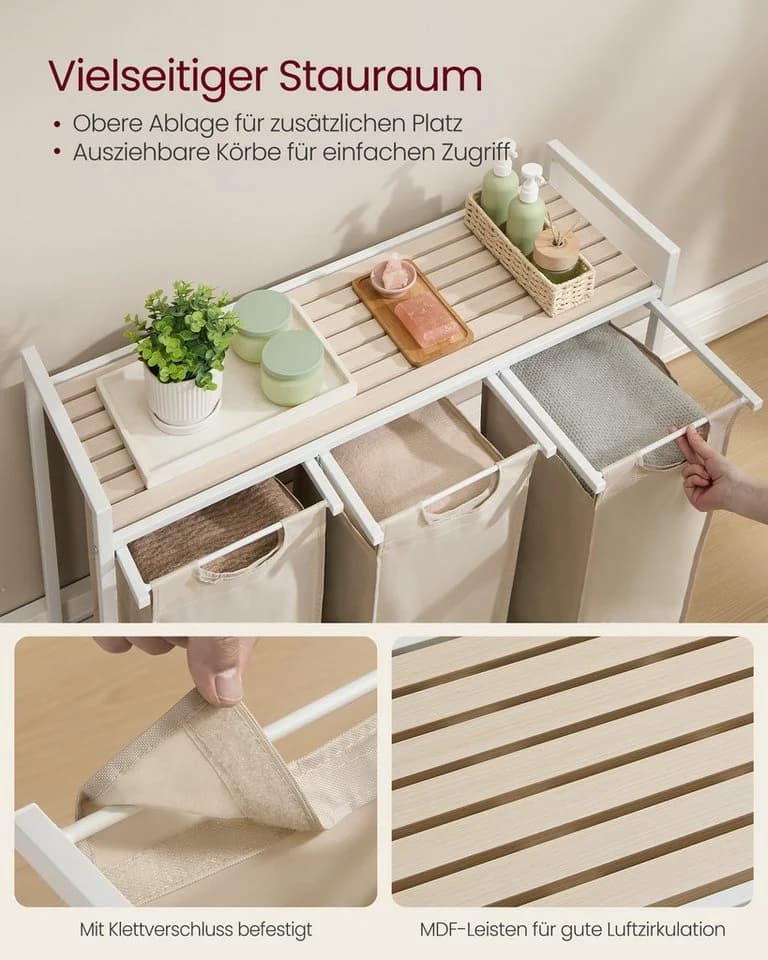 VASAGLE Wäschekorb 3-Fach mit Ablage ausziehbar & abnehmbar 3 x 38 L - Bild 4
