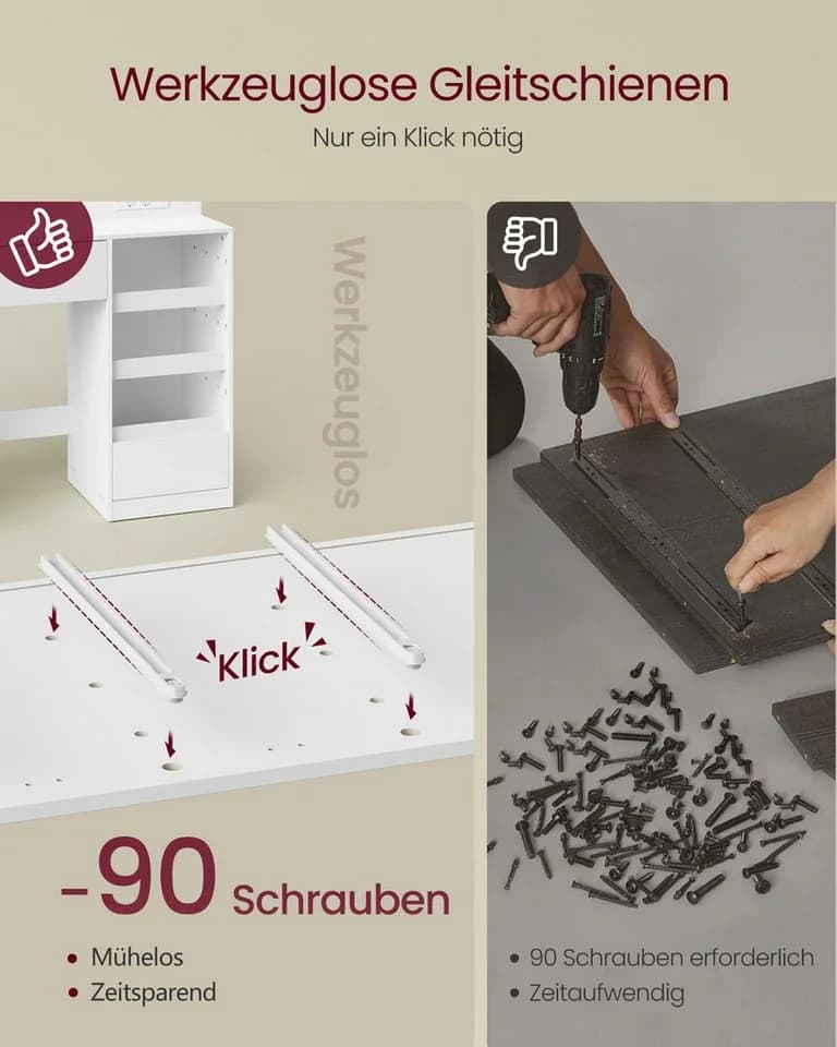 VASAGLE Schminktisch mit Spiegel und LED-Leuchten, Steckdosenleiste, Schubladen - Bild 5