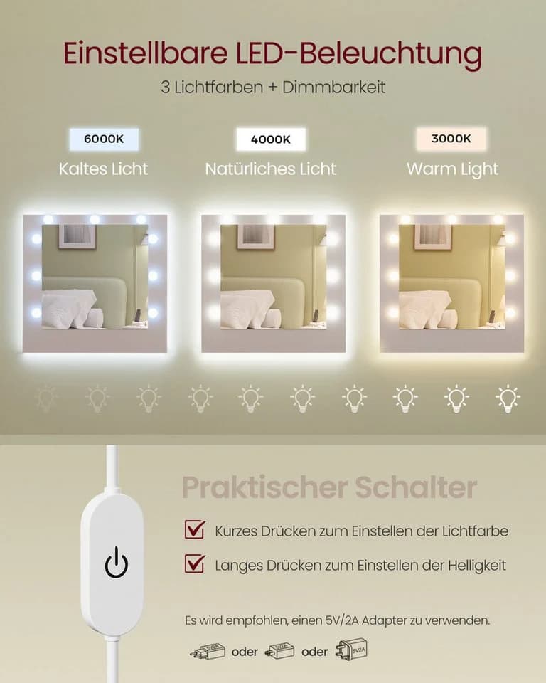 VASAGLE Schminktisch mit Spiegel und LED-Leuchten, Steckdosenleiste, Schubladen, 2 Schränke, 9 dimmbare Glühbirnen, 3 Lichtfarben, verstellbare Ablagen - Bild 5
