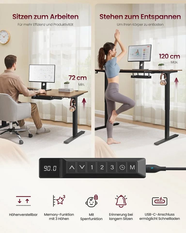 VASAGLE Schreibtisch Höhenverstellbarer USB-C 3 Speichertasten 180cm - Bild 5