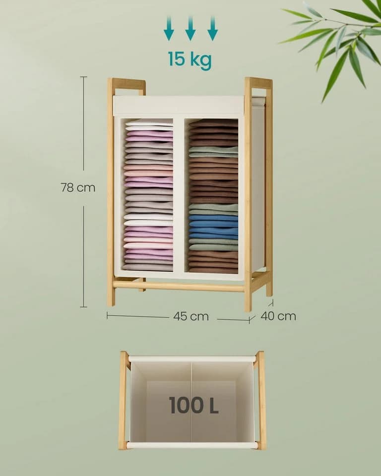 SONGMICS Wäschekorb 2/3 Fächer Bambusrahmen 100/150L abnehmbar - Bild 5