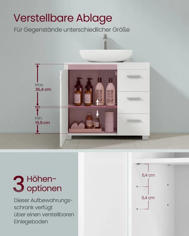 VASAGLE Waschbeckenunterschrank Badezimmerschrank Badschrank mit 3 großen Schubladen, 2 Fächer hinter der Tür - Bild 3