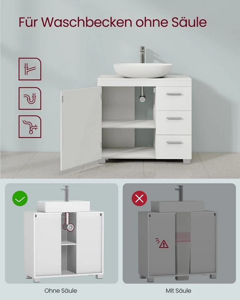 VASAGLE Waschbeckenunterschrank Badezimmerschrank Badschrank mit 3 großen Schubladen, 2 Fächer hinter der Tür - Bild 4