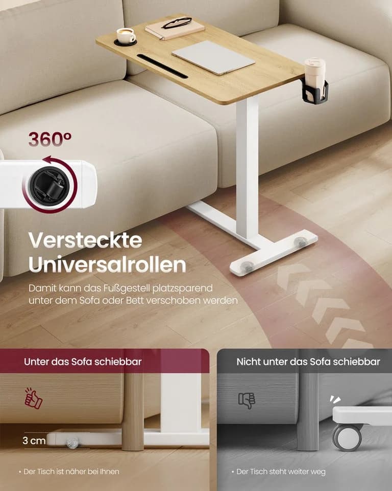 VASAGLE Schreibtisch Beistelltisch mit Rollen, verstellbare Höhe, 2 Getränkehalter, Schlitz - Bild 3
