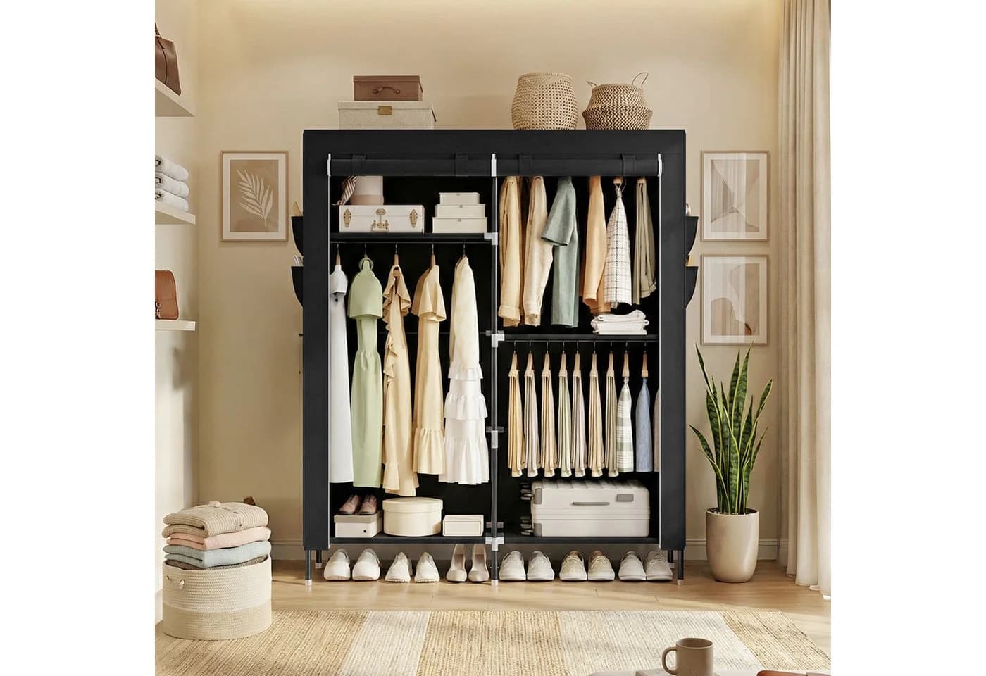 SONGMICS Kleiderschrank Stoffschrank 3/4 Hängefächer Ablagen Seitentaschen Schwarz
