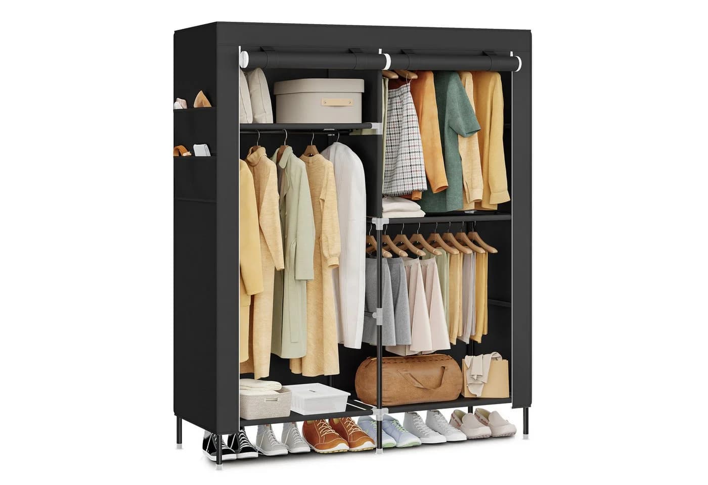 SONGMICS Kleiderschrank Stoffschrank 3/4 Hängefächer Ablagen Seitentaschen Schwarz - Bild 2