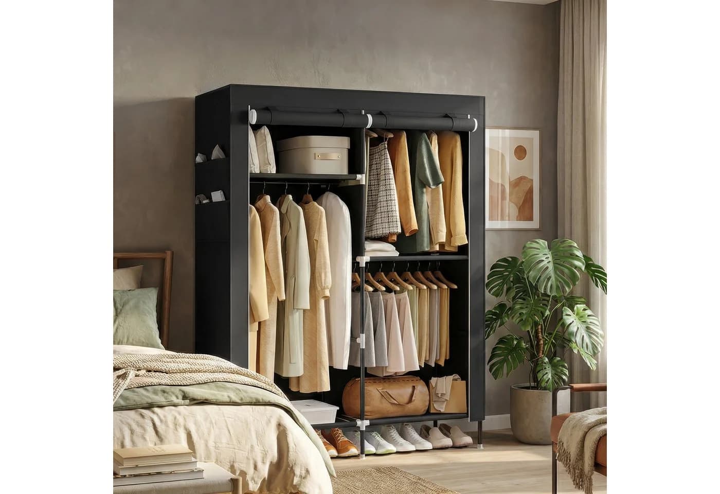 SONGMICS Kleiderschrank Stoffschrank 3/4 Hängefächer Ablagen Seitentaschen Schwarz - Bild 3