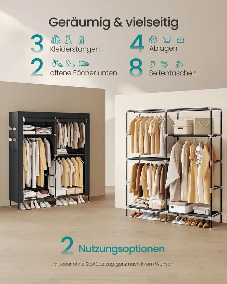 SONGMICS Kleiderschrank Stoffschrank 3/4 Hängefächer Ablagen Seitentaschen Schwarz - Bild 4