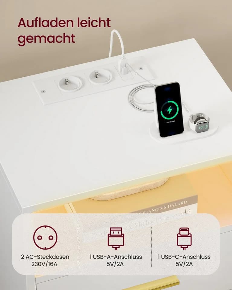 VASAGLE Nachttisch mit Schubladen, Beistelltisch, Massivholzbeine, Weiß/Schwarz - Bild 3