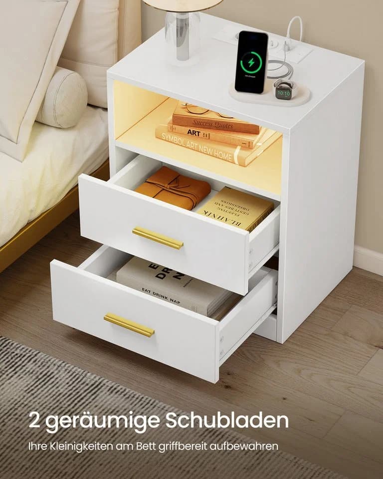 VASAGLE Nachttisch mit Schubladen, Beistelltisch, Massivholzbeine, Weiß/Schwarz - Bild 5