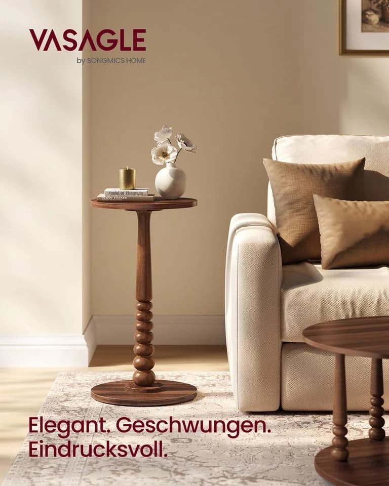 VASAGLE Beistelltisch Rund Massivholz Braun