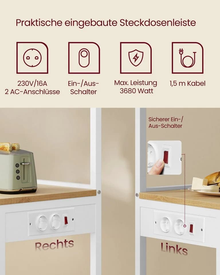 VASAGLE Küchenregal Standregal mit Steckdosen 4 Ebenen verstellbare Ablage - Bild 3