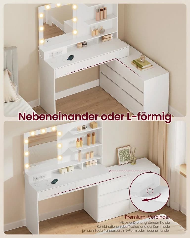 VASAGLE Schminktisch Weiß mit Kommode, Frisiertisch mit Licht