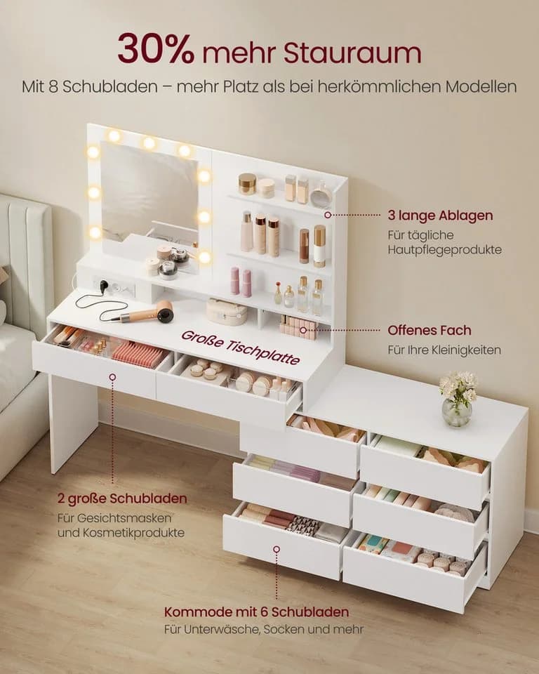 VASAGLE Schminktisch Weiß mit Kommode, Frisiertisch mit Licht - Bild 5