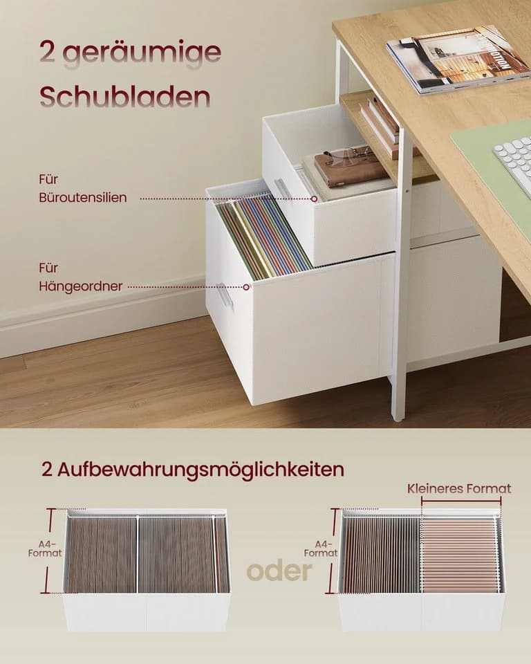 VASAGLE Schreibtisch Computertisch Bürotisch mit 3 Ablagen, 2 Schubladen - Bild 3