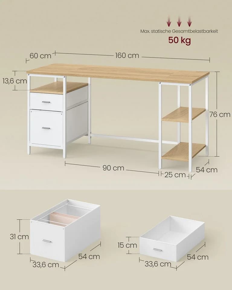 VASAGLE Schreibtisch Computertisch Bürotisch mit 3 Ablagen, 2 Schubladen - Bild 5