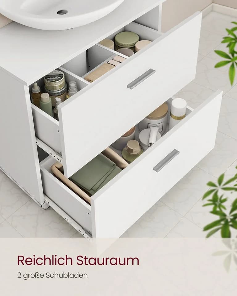 VASAGLE Waschbeckenunterschrank mit 2 großen Schubladen, Badezimmerschrank, hohe Füße, Weiß - Bild 3