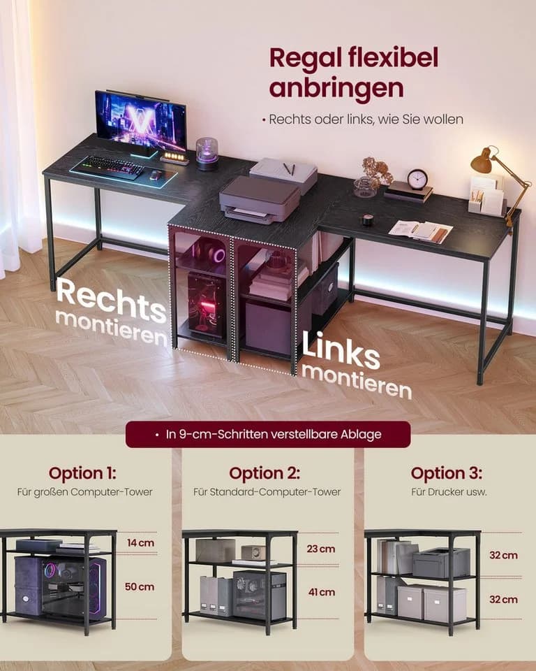 VASAGLE Eckschreibtisch L-Form Computertisch Stauraum Bürotisch höhenverstellbare Ablage Homeoffice 110/120 cm - Bild 4