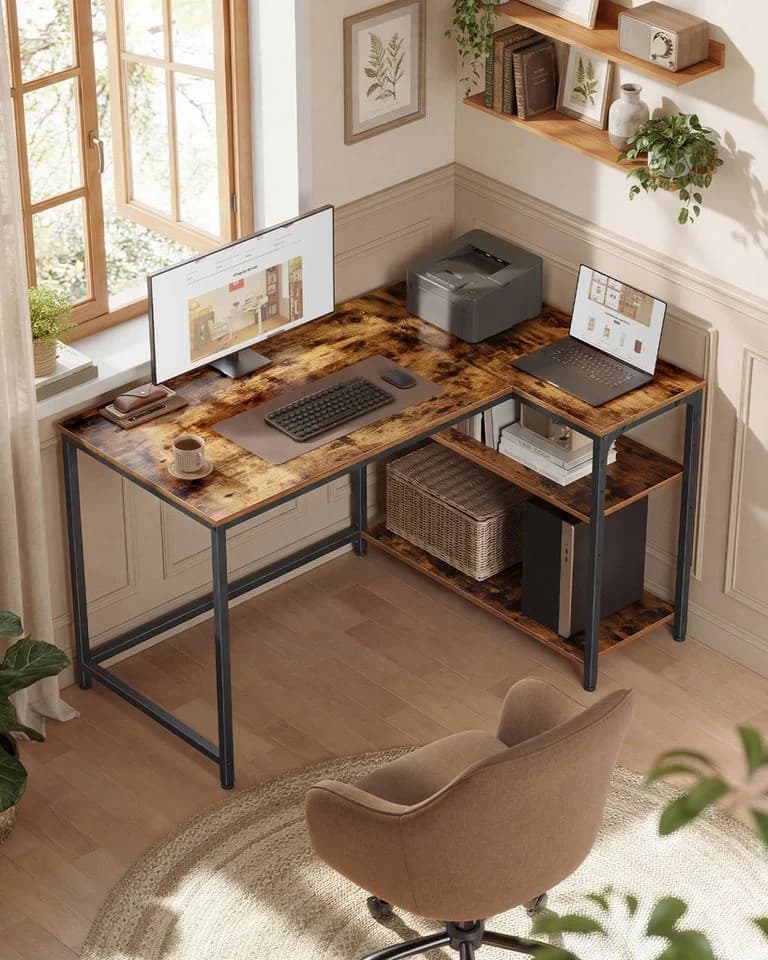 VASAGLE Eckschreibtisch in L-Form, Computertisch mit Stauraum, Bürotisch, höhenverstellbare Ablage, für Homeoffice, 110/120 cm