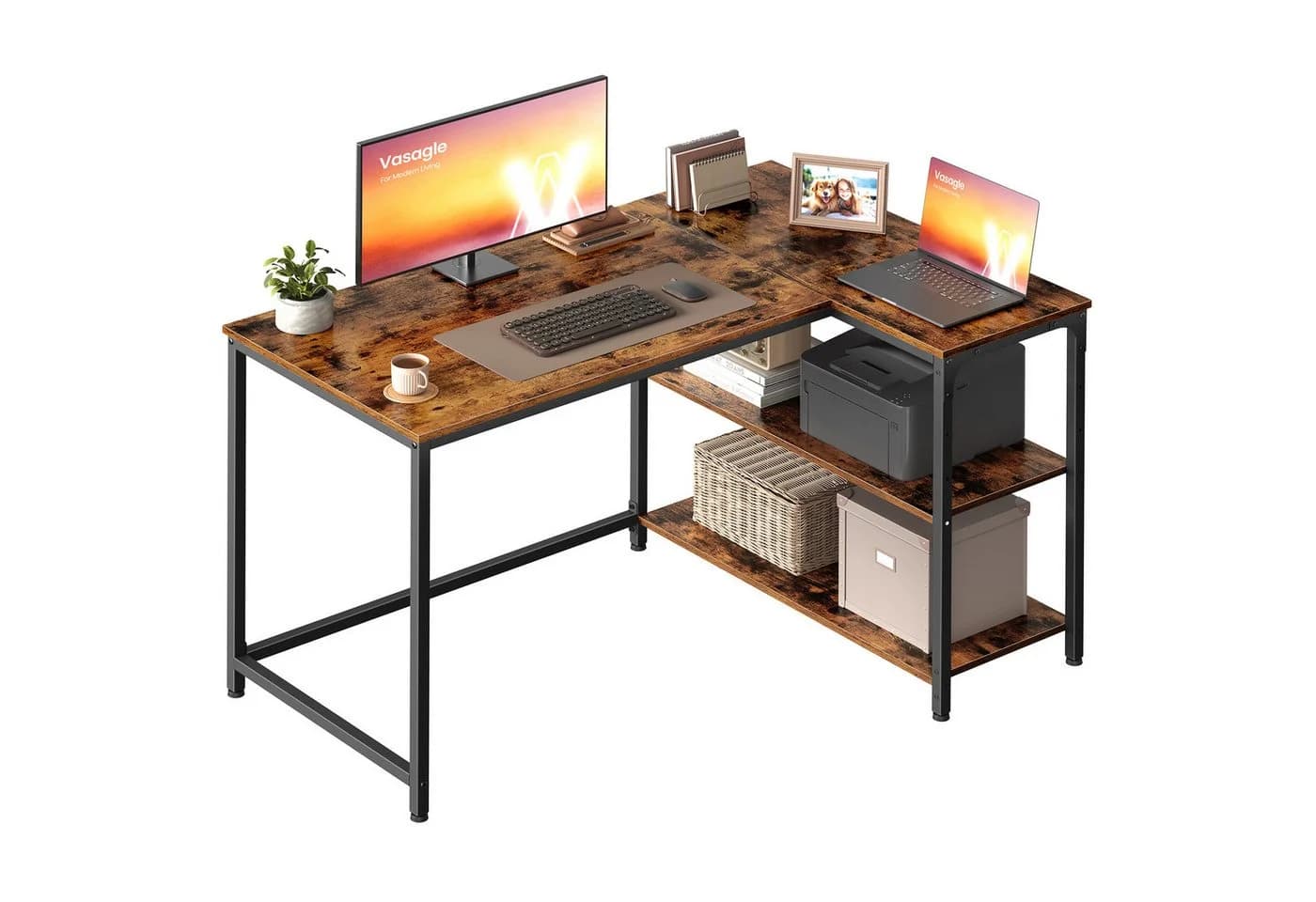 VASAGLE Eckschreibtisch in L-Form, Computertisch mit Stauraum, Bürotisch, höhenverstellbare Ablage, für Homeoffice, 110/120 cm - Bild 2