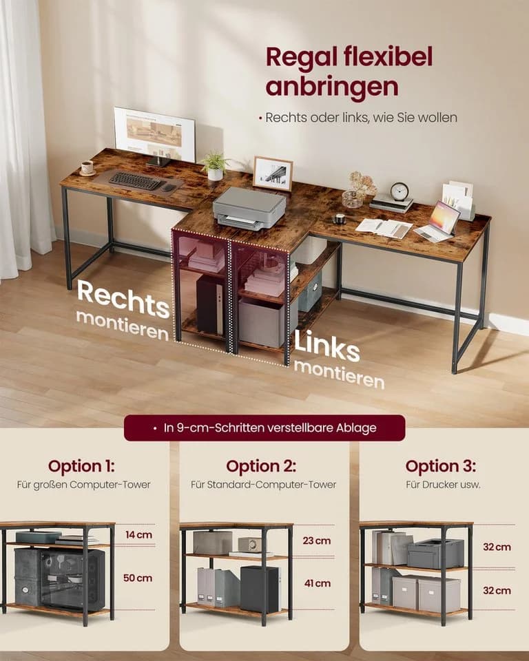 VASAGLE Eckschreibtisch in L-Form, Computertisch mit Stauraum, Bürotisch, höhenverstellbare Ablage, für Homeoffice, 110/120 cm - Bild 4