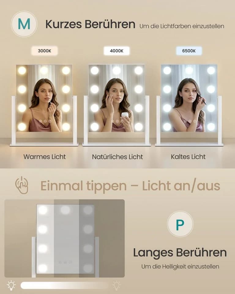 SONGMICS Schminkspiegel Kosmetikspiegel LED-Licht USB-A USB-C - Bild 3