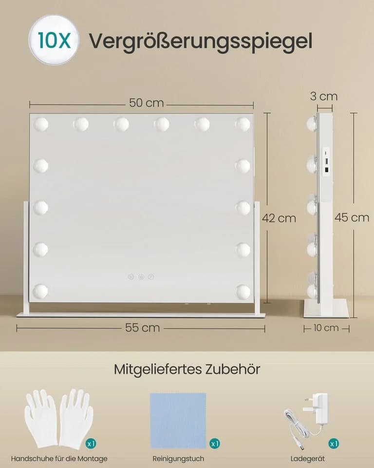 SONGMICS Schminkspiegel Kosmetikspiegel LED-Licht USB-A USB-C - Bild 5